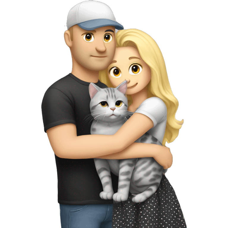 3 objects - a beautiful blonde with long hair and a polka-dotted dress, a bald handsome man in a cap and a rock T-shirt, and a fat gray cat with black spots. The man hugs the blonde and holds the cat in his hands emoji