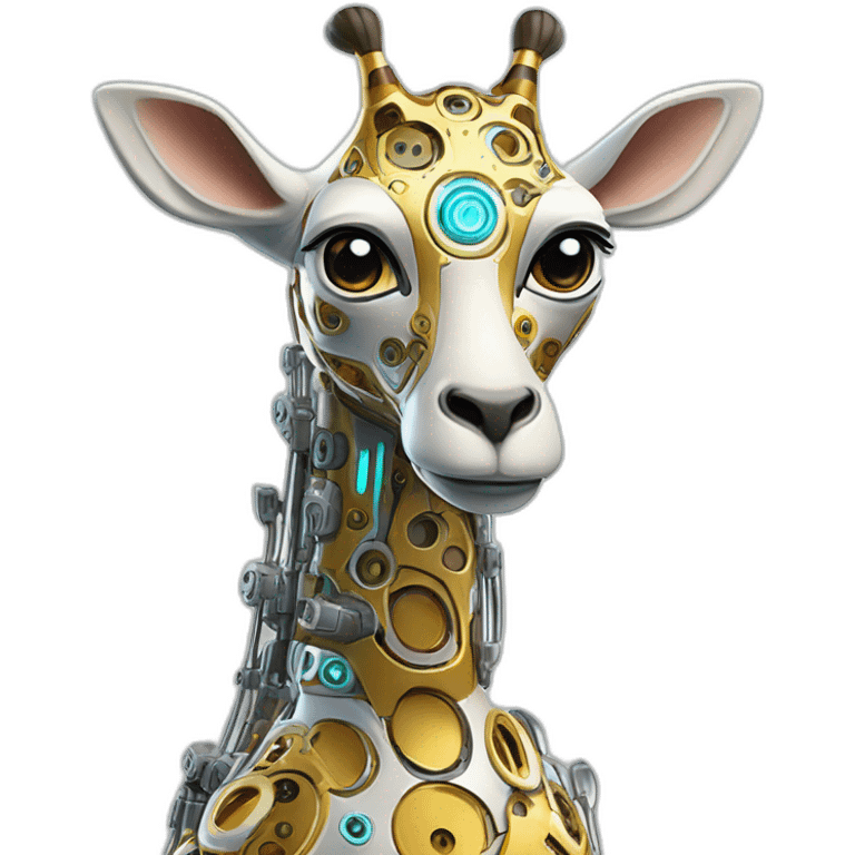 Una girafa robotica con patrones de circuitos brillantes en su piel, piernas con juntas móviles y piezas de metal relucientes emoji