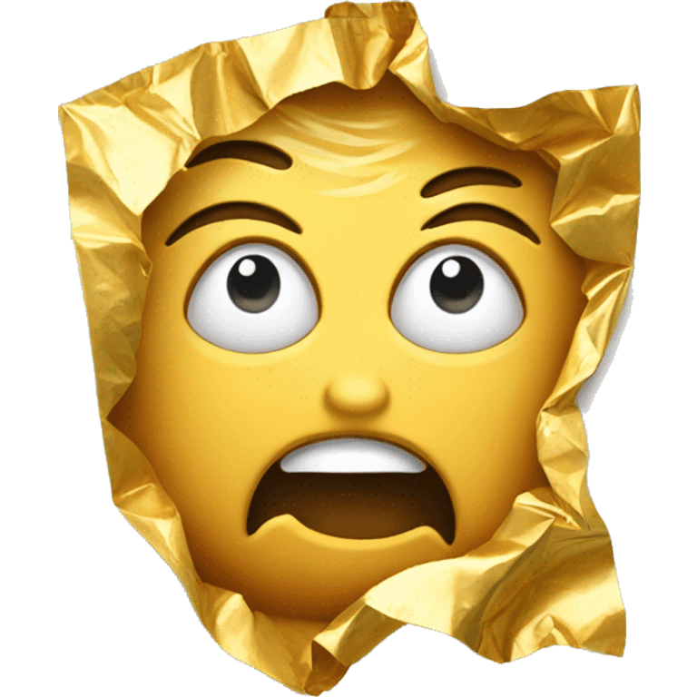 a crying used opened crumpled with torn edges gold foil wrapper emoji