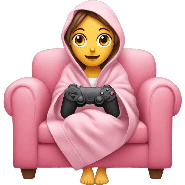 Girl wrapped up in a blanket sitting on a couch with a pink gaming controller in her hands emoji