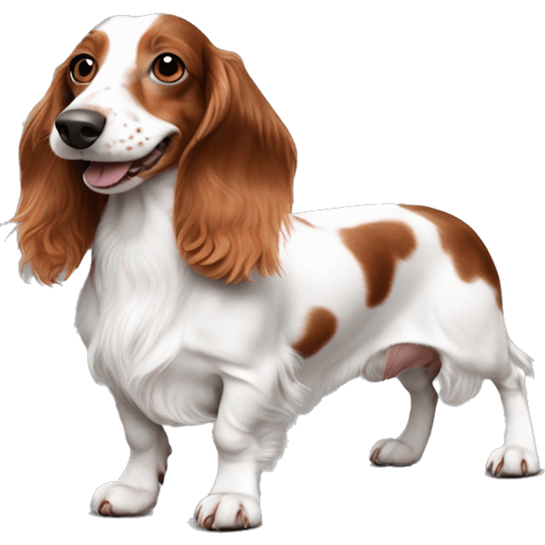 Long haired white and red piebald dachshund smiling with freckles whole body emoji