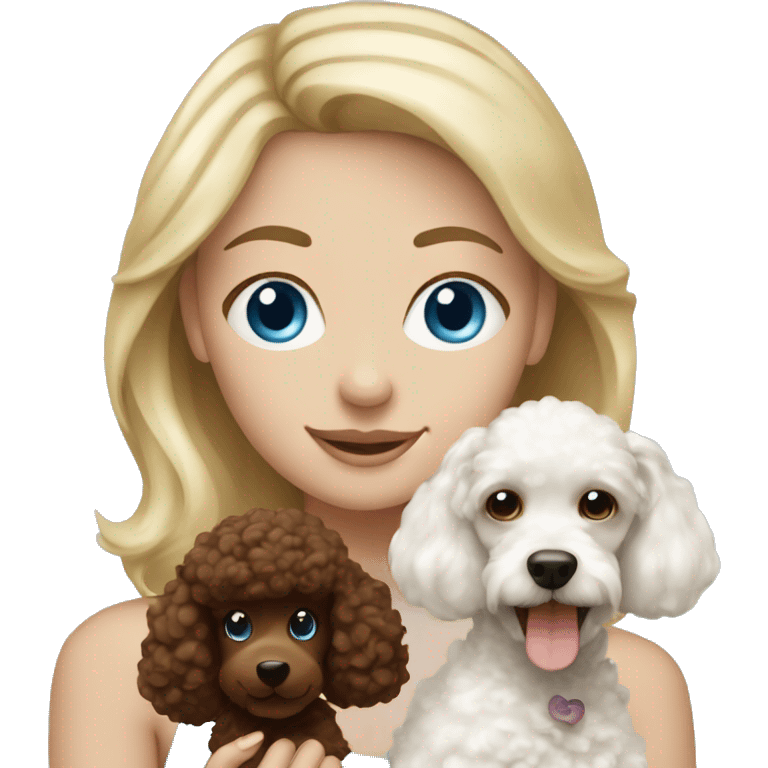 Blonde girl with blue eyes holding a chocolate brown and white poodle  emoji