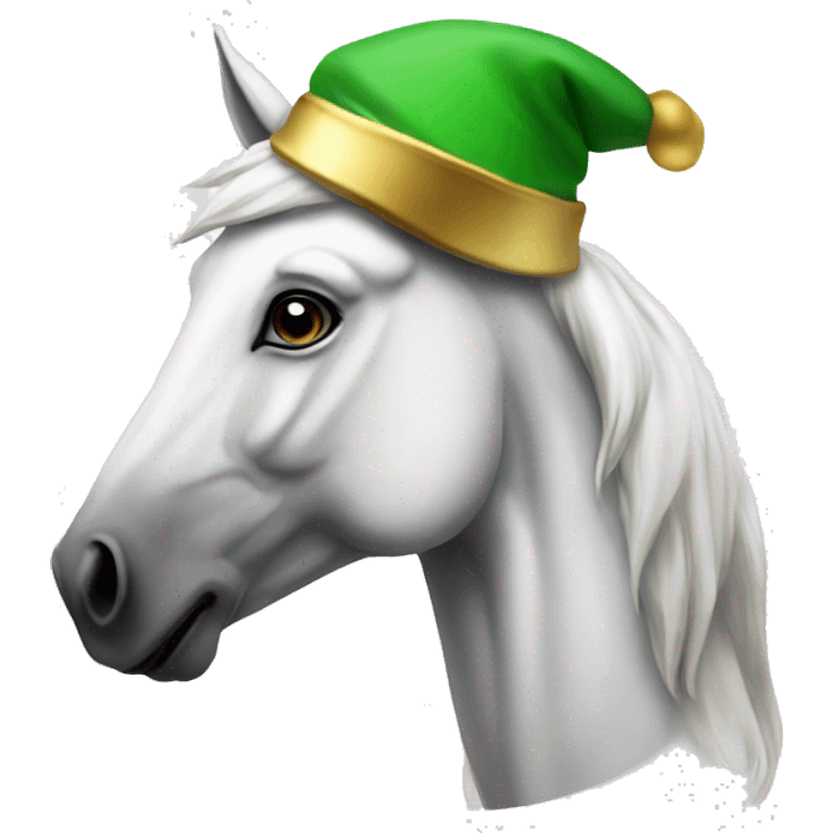 White horse wearing an elf hat emoji