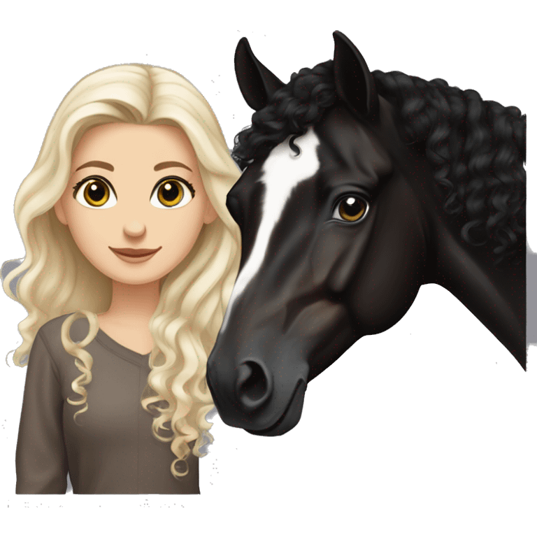 White girl, long black curly hair, beautiful hazel eyes, next to a black Arabian horse emoji