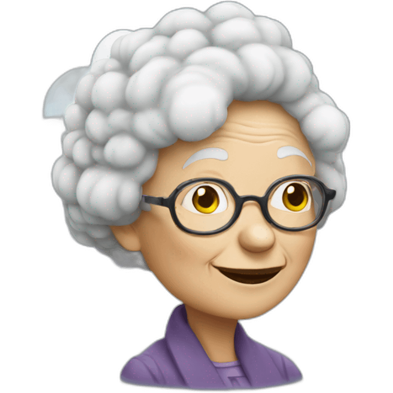 An old lady with glasses sitting on top of the cloud emoji