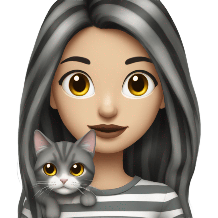 Beautiful dark haired tattooed woman holding gray and white stripe long haired cat emoji