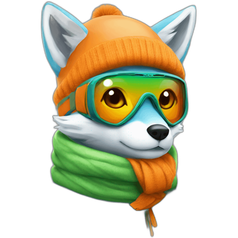 blue fox wear orange snow goggle amd green scarf emoji