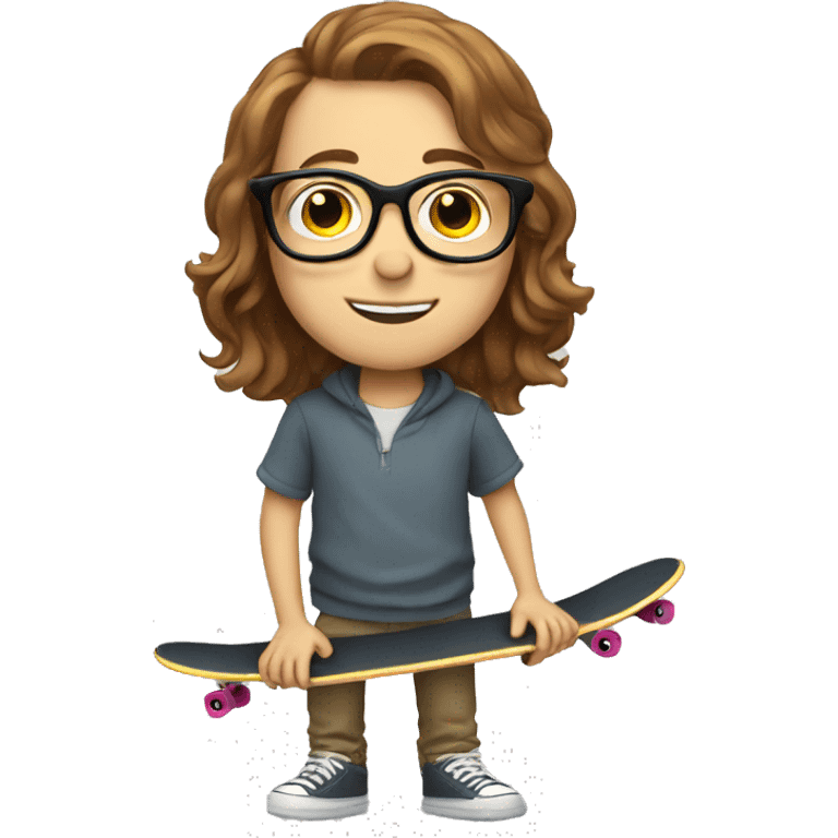 A brown-haired white boy  with glasses and a skateboard emoji