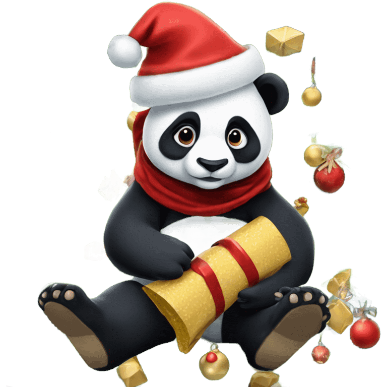 Panda wearing cowboy boots with a Santa hat on, sitting in a Christmas tree, holding a Christmas	 cracker, and make all of this look under the sea emoji