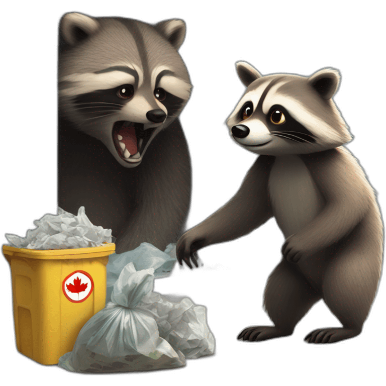 A Canadian raccoon rummages through the trash, and a bear stands next to it, looking judgmental. emoji