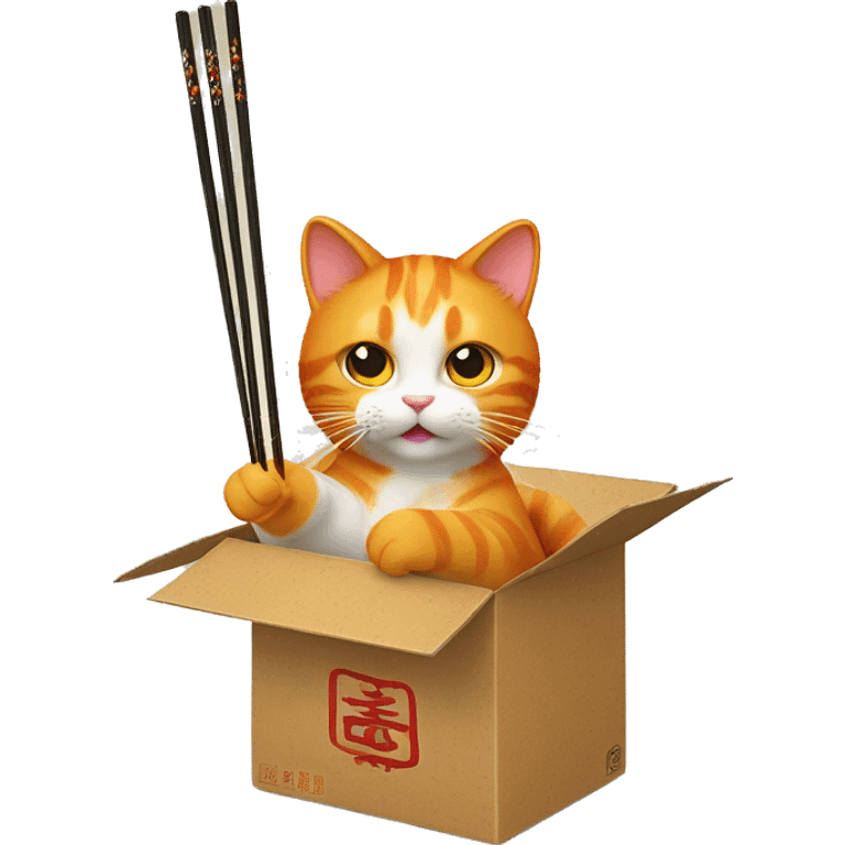 Orange cat eating cat with chopsticks in Chinese take out box with a paw hanging out the side emoji