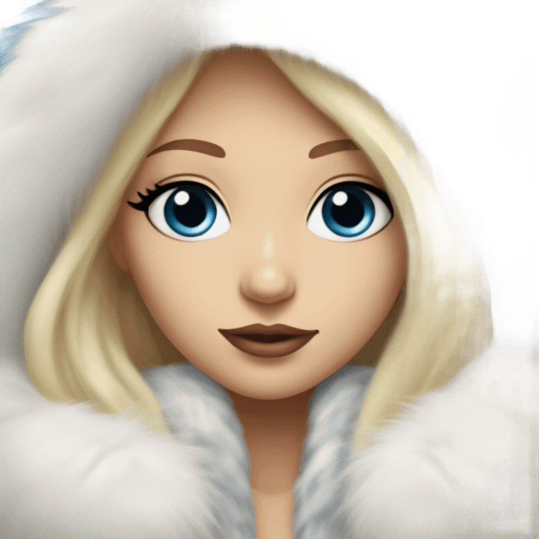 Beautiful Girl with lashes and blue eyes, blonde hair, in a extremely big fluffy oversized white fur coat with hood on. The fur is real and it’s very obvious big and fluffy  emoji