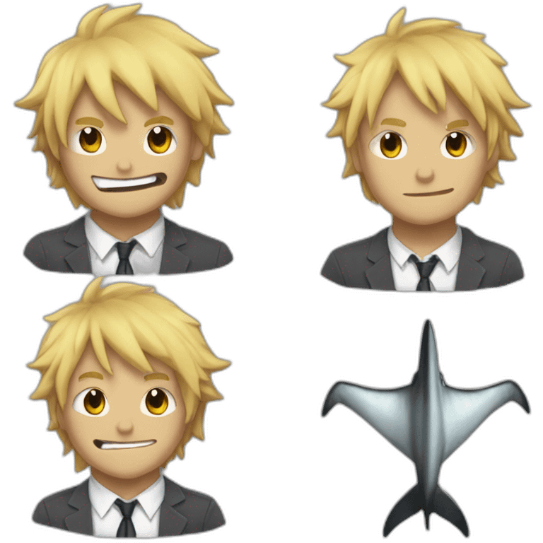 Denji with his blond hair in a shaggy style, brown eyes, with his shark teeth, is smiling evil and with a shirt with a black tie from chainsawman emoji