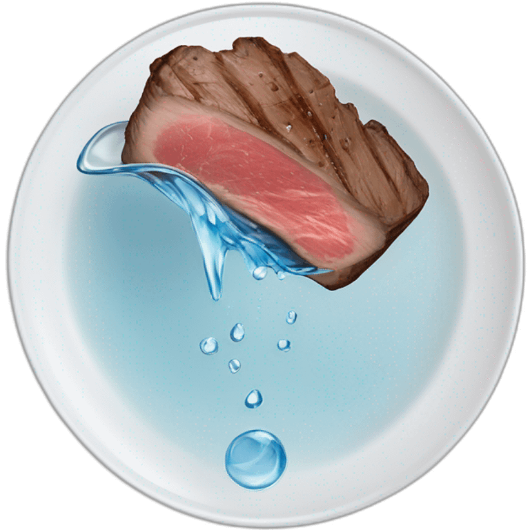 glass of water suspended horizontally in the air above a slice of rare steak on a plate, the water pouring out onto the top of the steak emoji