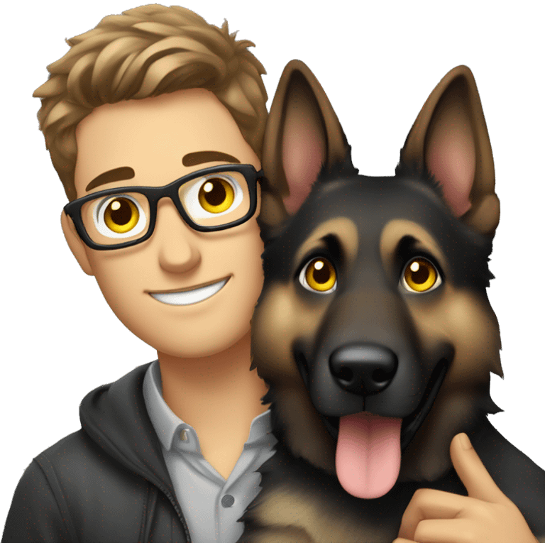 a handsome guy with brown hair, black thin stylish glasses and grey eyes hugging grey german shepherd with yellow eyes emoji