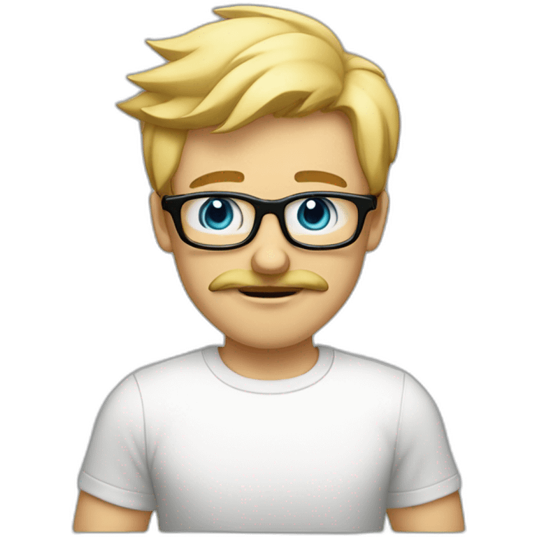 blond guy, with a mustache, wearing a black square-shaped eye glasses frame, basic t-shirt, gesturing with arms "he doesn't" emoji