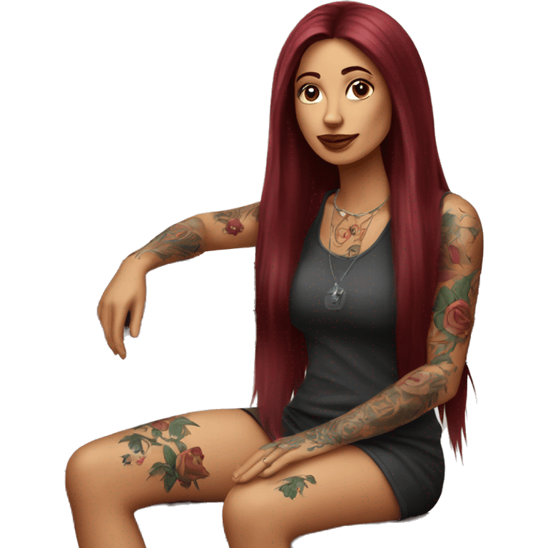 Beautiful tattooed burgundy long haired woman sitting on a bench emoji