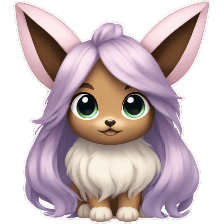 Kawaii Shiny Pastel Eevee with dark brown long emo hair covering her eyes Full Body emoji