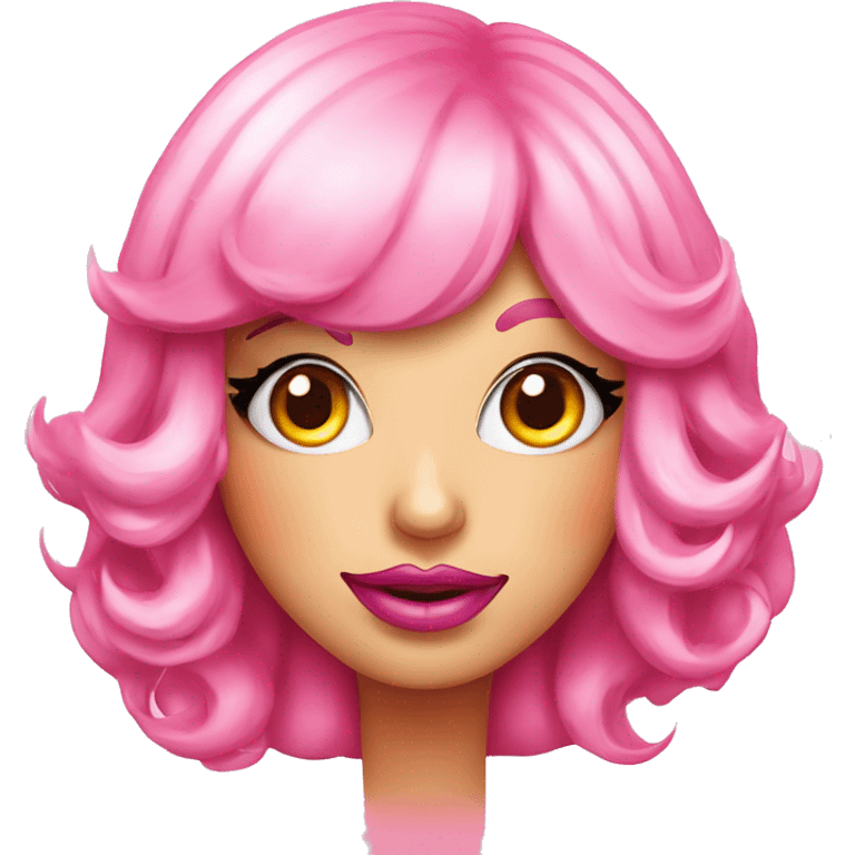 A personified cheese burger. It’s wearing a pink wig, has gorgeous diva eyes with eye makeup and has plump full pink lips. It also sparkles  emoji