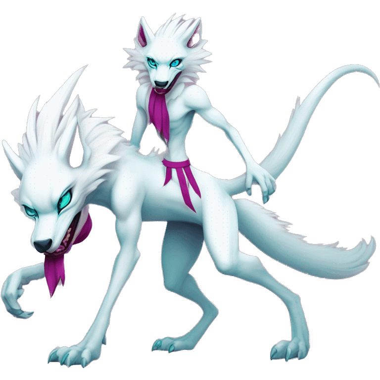 White elegant beautiful natural cute badass epic anthro modern albino sergal-vernid-Fakémon with cyan mane and magenta eyes with cyan edgy stripes, anthropomorphic, two-legged, digitigrade, full body emoji