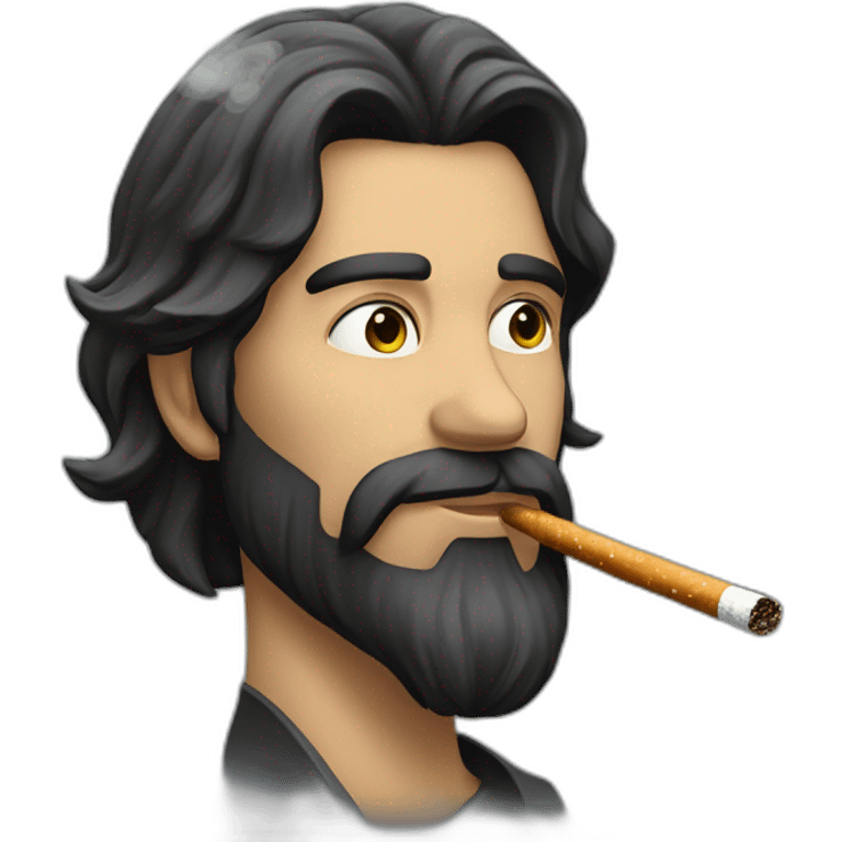 man with long dark hair and beard smoking cigarettee emoji