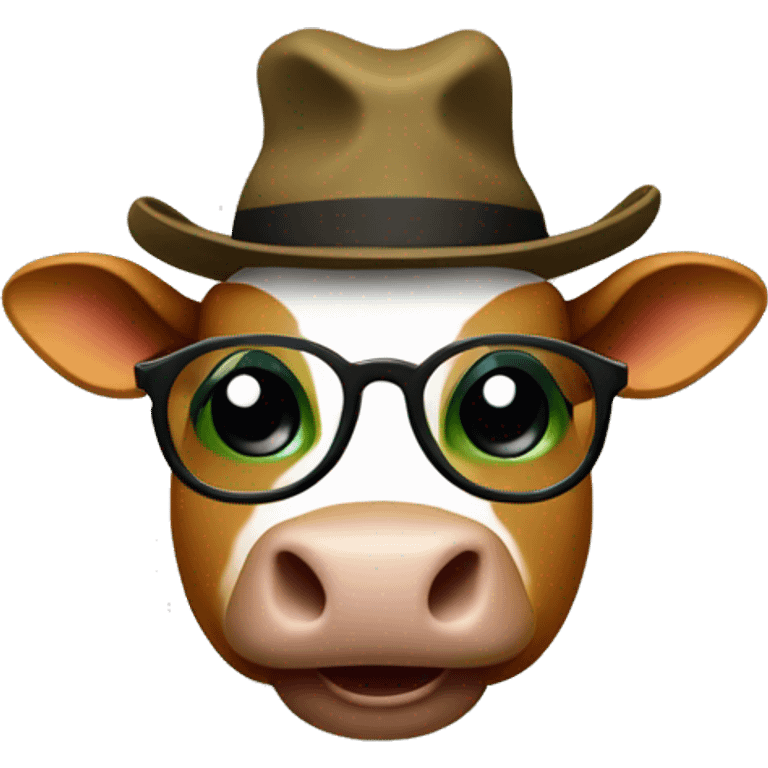 a green circle with hat and smiling big white eyes black pupils and wear a brown cow hat and yellow glasses with cute little hand and legs  emoji