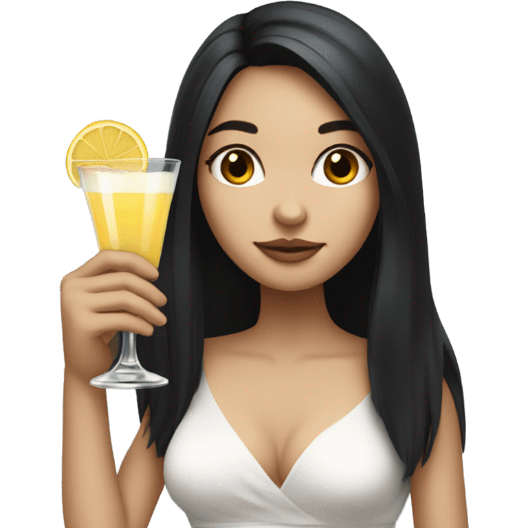 Pale girl with long black hair with chest holding cocktail emoji