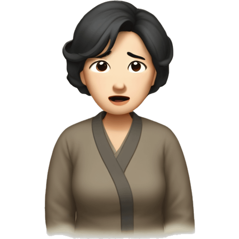 Middle-aged Korean woman in her 40s, with only one hand on her head, distressed face, black hair emoji