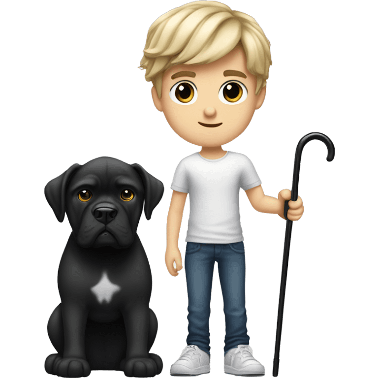 young white kid with justin beiber hairstyle standing alongside a black cane-corso emoji