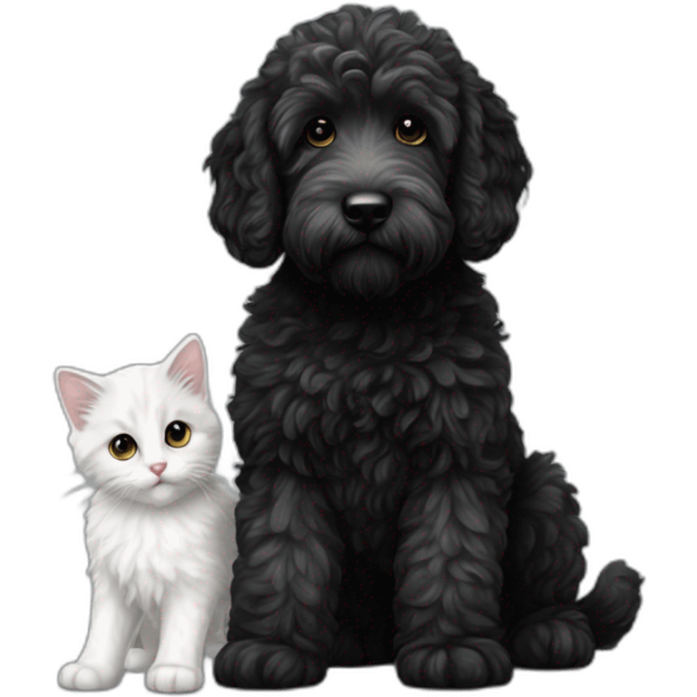 All Black adult labradoodle and a white grey kitten emoji