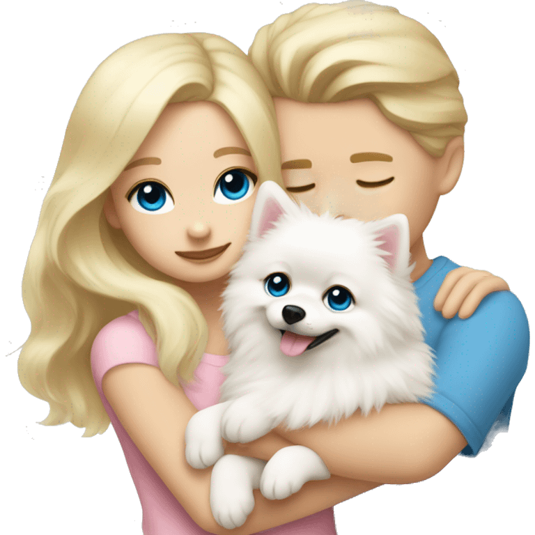 Blond girl white skin blue eyes hugging white Pomeranian with light pink bow emoji