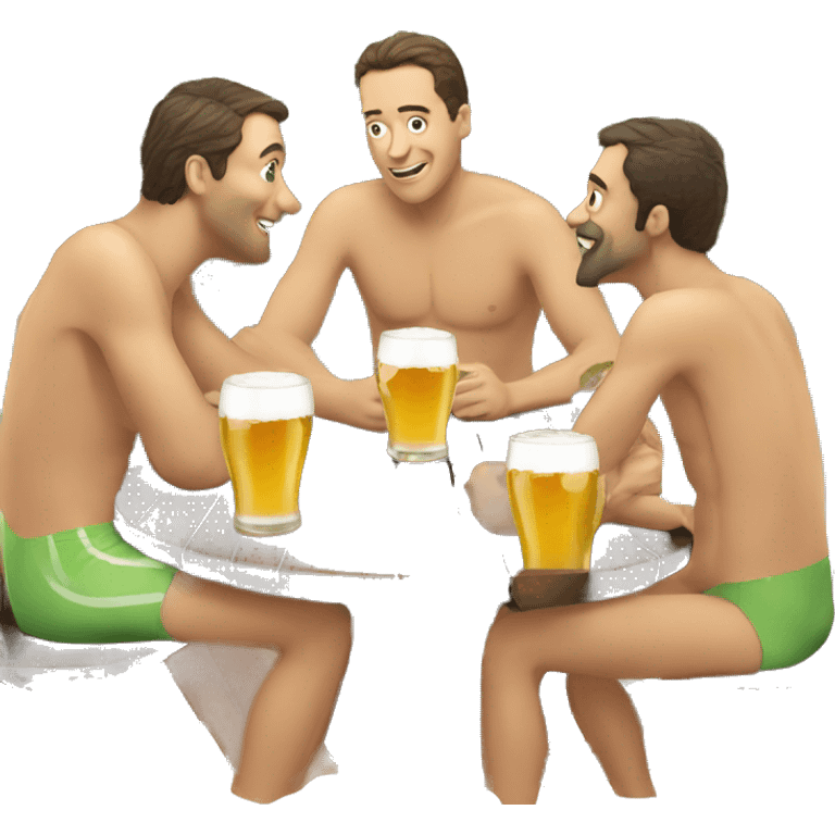 Three Men sitting at a table drinking beer in a swimsuit emoji