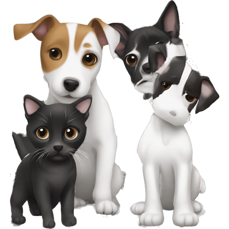 Jack Russell stands with two cats, one cat is black and white and the other is striped emoji