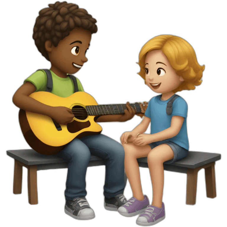 Small boy listening to sister guitar playing emoji