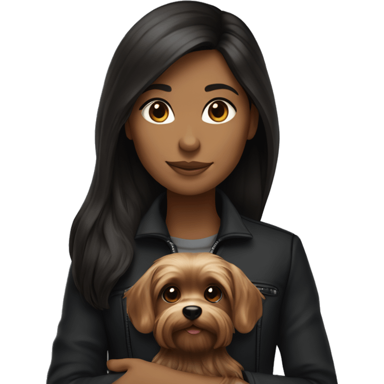 a slightly dark-skinned brunette girl with long hair in a black jacket, in her arms she holds a Yorkshire terrier puppy emoji