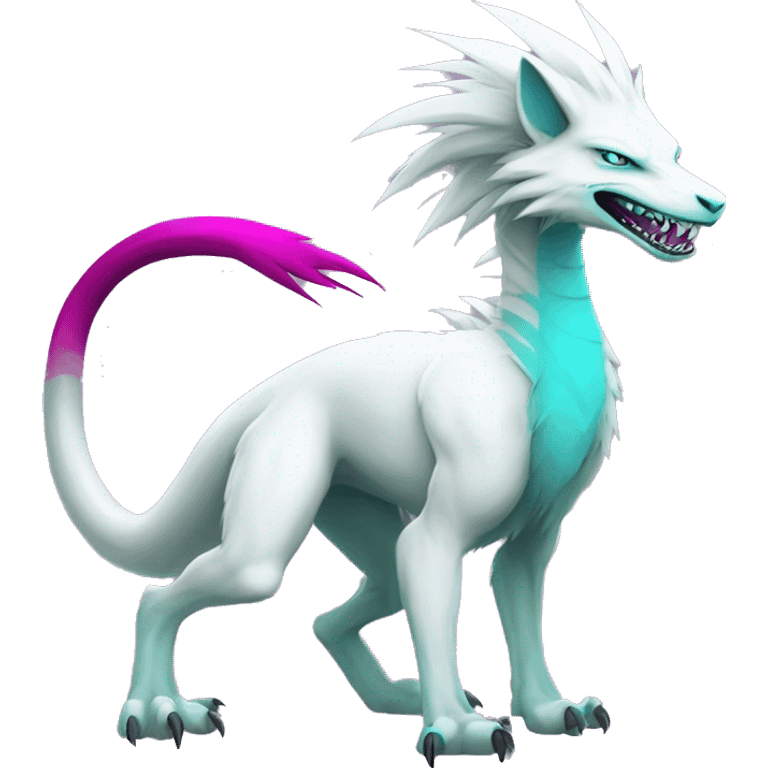 White badass elegant wild beautiful natural cute badass epic anthro modern albino sergal-vernid-creature with cyan mane and magenta eyes with cyan edgy stripes, full body emoji