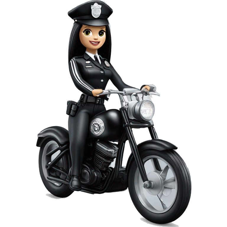 Good Time Barbie, Wednesday Addams from academy, in vertically-striped dark-gray and black London police officer’s uniform with hat. Leaning back at the hips, riding a wheelie on a hot rod bike smiling  emoji