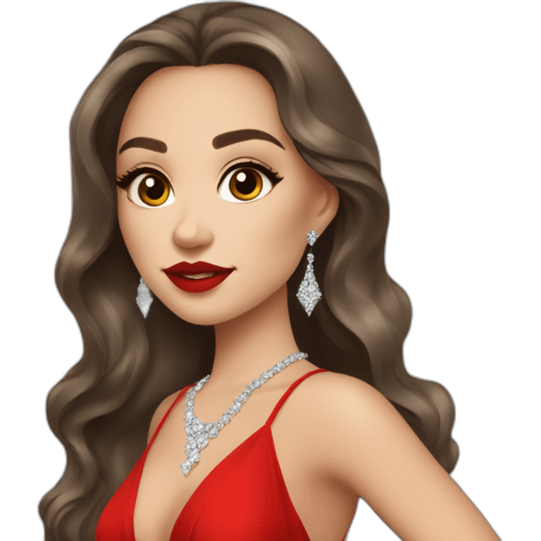 beautiful brunette russian girl with light skin long hair red lipstick wearing red low neck dress with a diamond necklace emoji