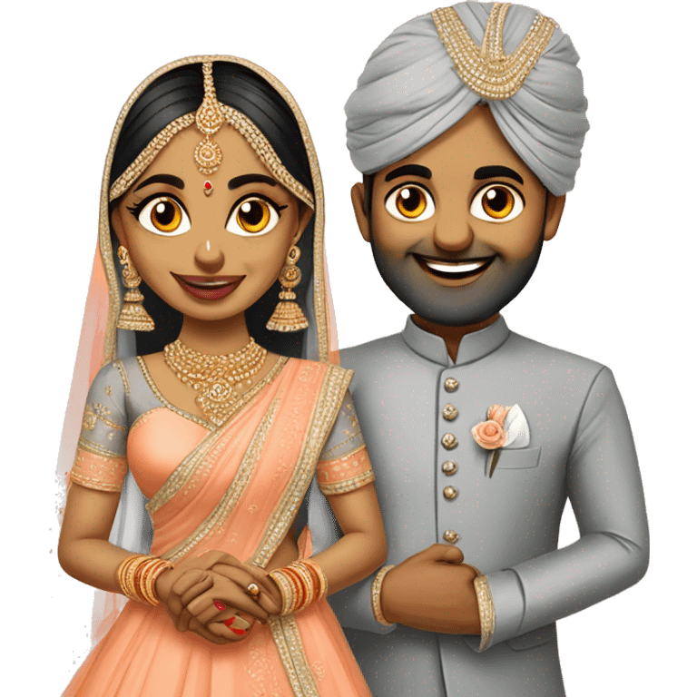 south indian wedding caricature of bride wearing peach colour lehenga and groom wearing Grey coloured suit emoji