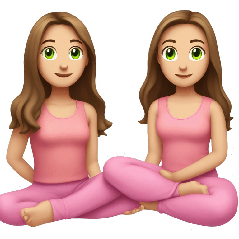 A girl with brown long hair, fair skin and green eyes is sitting in a lotus position in a pink top and pink leggings emoji