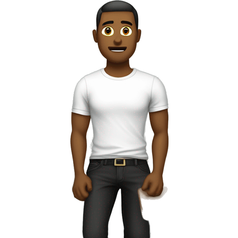 Guy In a white t shirt,with a red crest on the left,with long black pants sitting in a classroom stressed from work  emoji