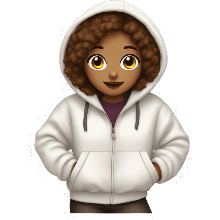 Oversized white fluffy hoodie on a brown haired girl  emoji