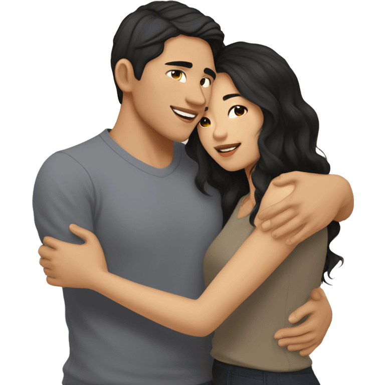 A half pale Asian man with short dark hair and amber eyes embracing and loving a half Asian woman with long wavy dark hair and dark hazel eyes. They love each other a lot And have good fashion taste. And are having a lot of fun emoji