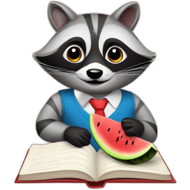 raccoon teacher with a book and a watermelon emoji