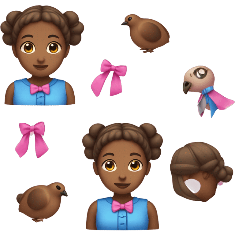 A chubby girl with brown skin with braids holding a blue bird with a pink bow tie but the girl has a pink bow and pink clothes emoji