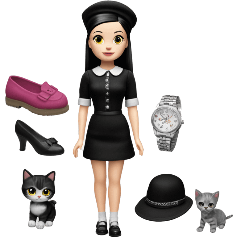 Check Please Francie doll. Wednesday Addams. Mini-skirt, pumps, bracelet, earrings, hose, Cuddling up with Slippers the kitten. hat emoji