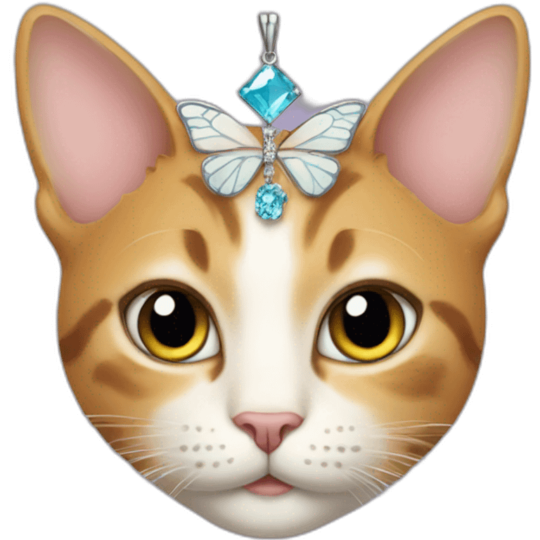 cat wearing a tiara and necklace with a butterfly shaped pendant emoji