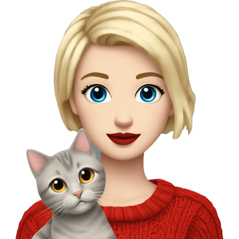 hey girl with a short blonde hair and a fringe with blue eyes long eyelashes and red lipstick on with a red cable knit sweater on holding a grey cat emoji