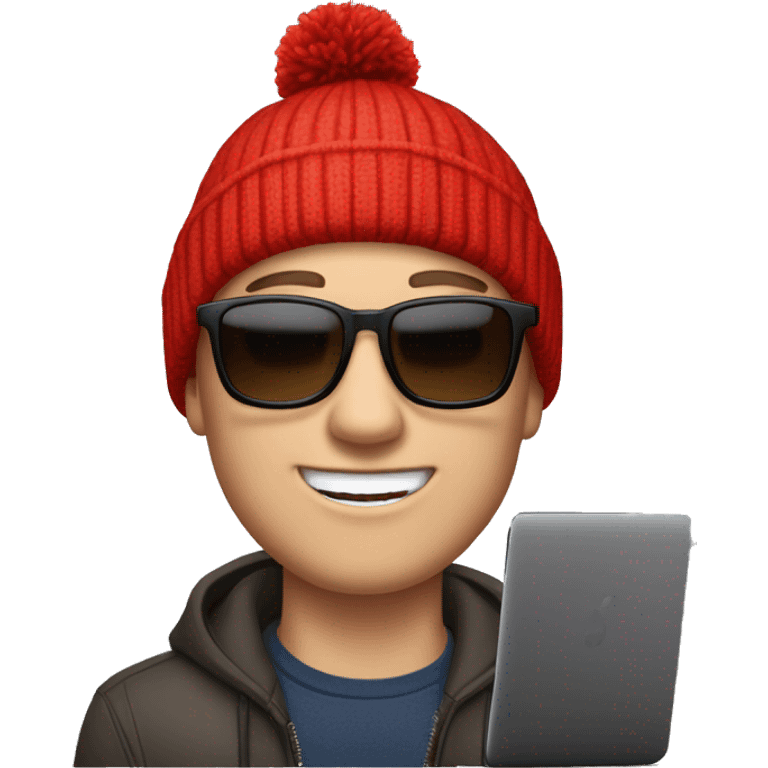 white man with short brown hair in his 20s with sunglasses and a red beanie with a pom-pom, has AirPods in and is on a Mac laptop emoji