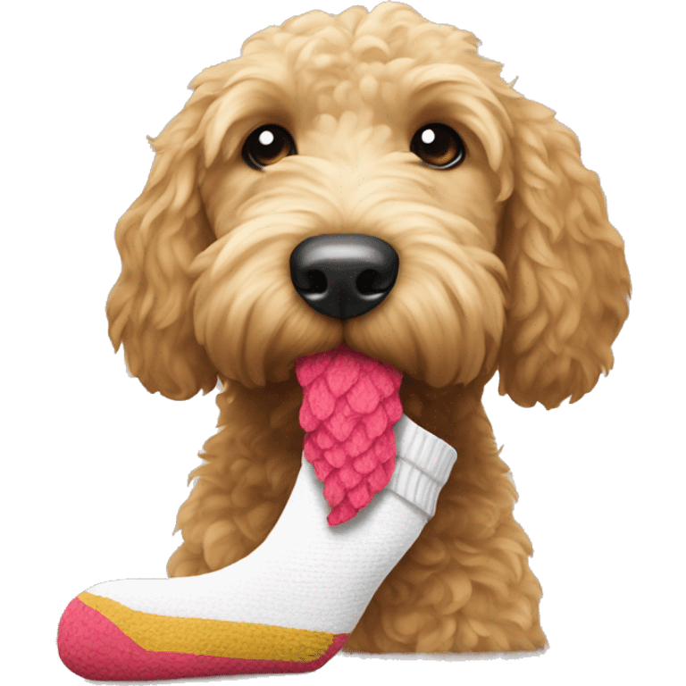 Create a goldendoodle eating a sock emoji